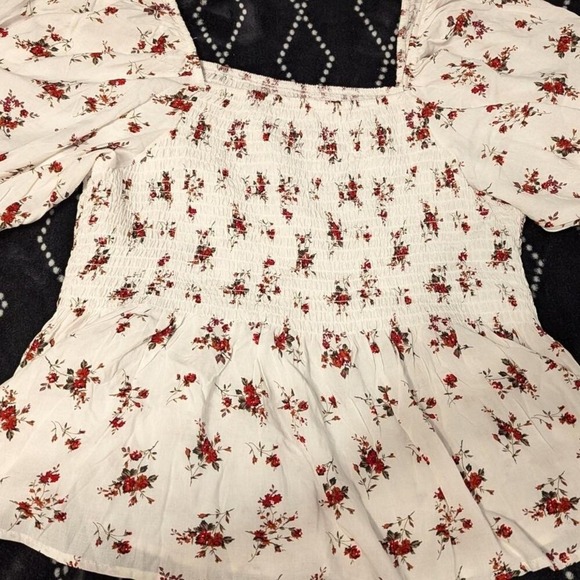 Floral Smocked Puff Sleeve Peplum Top White Red Square Neck Cottagecore Boho - Picture 4 of 6
